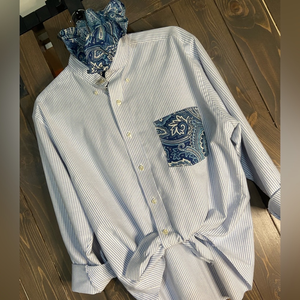 Women’s Blue Stripe Button-Down Shirt with Paisley Pocket